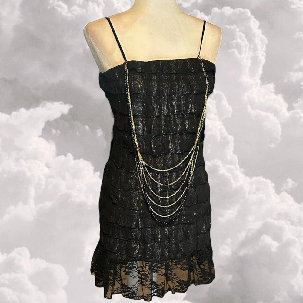 Y2K 2000s Club Going Out Black Ruffled Mini Dress With Gold Chain